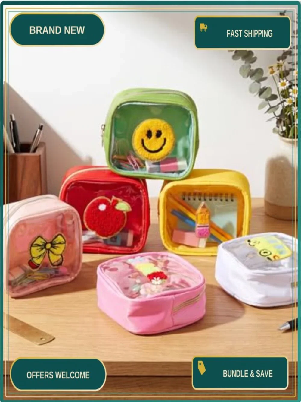 Back to School Embroidery Pencil Pouch Set of 6 Waterproof PVC Clear Cosmetic